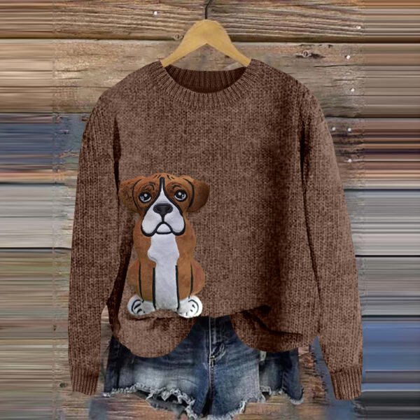 Funny Boxer Dog Applique Art Cozy Sweater