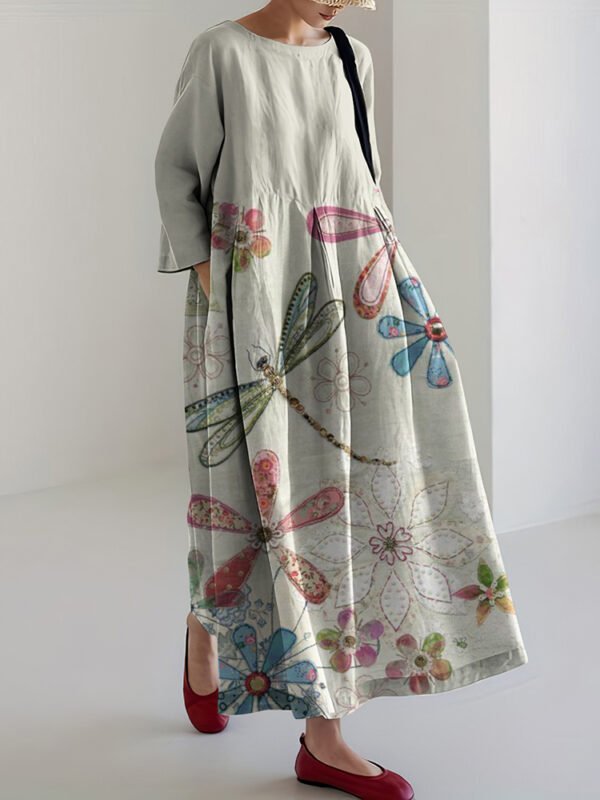 Women's Farm Dragonfly And Floral Linen Blend Maxi Dress