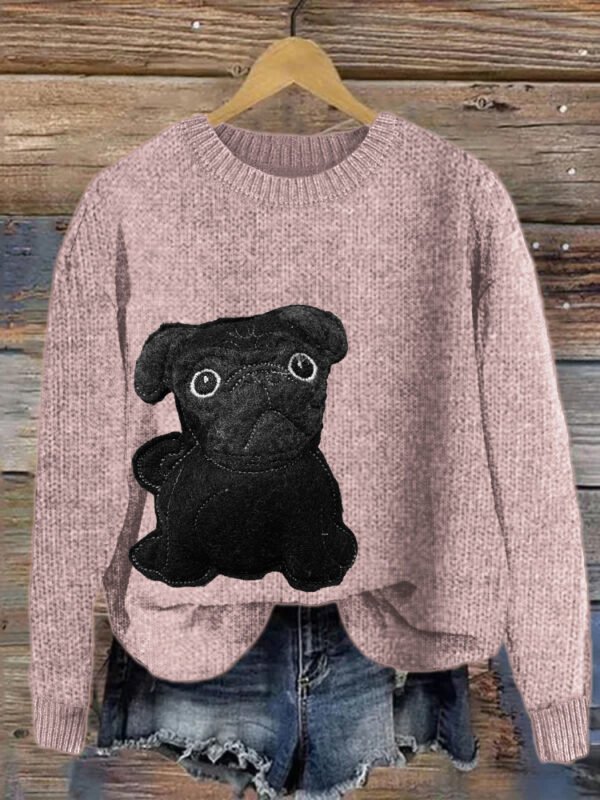 Lovely Black Pug Dog Felt Cozy Knit Sweater