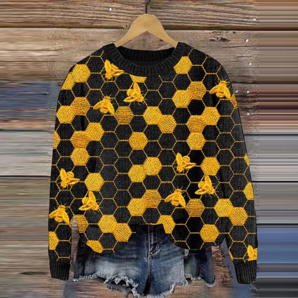 Sweet Golden Honey Bees Embroidery Art Graphics Cozy Knit Sweater